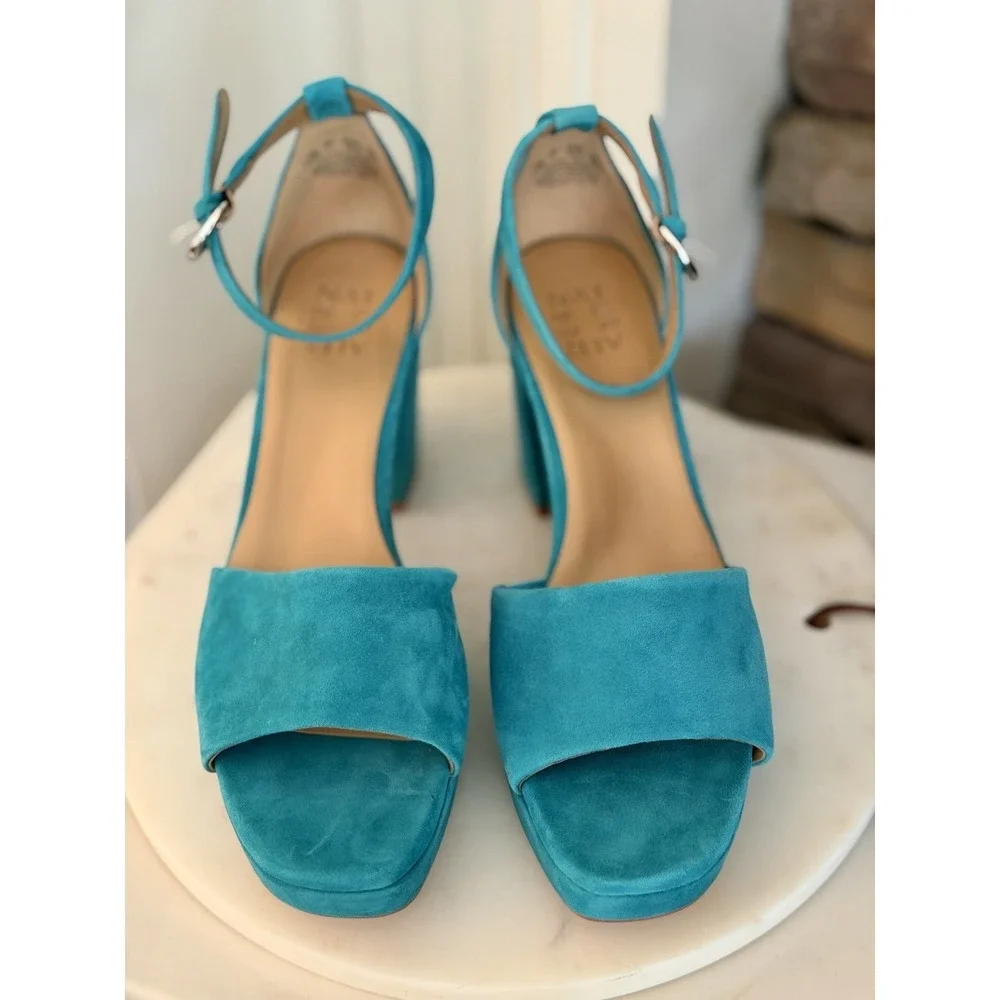 Naturalizer Pearlyn Women's 9.5M Teal Suede Leather Platform Block Heel Sandals - Picture 3 of 7